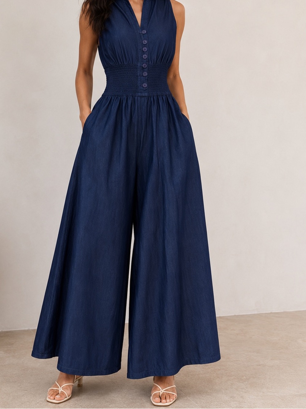Sleeveless Navy Maxi palazo with Buttoned V-Neck